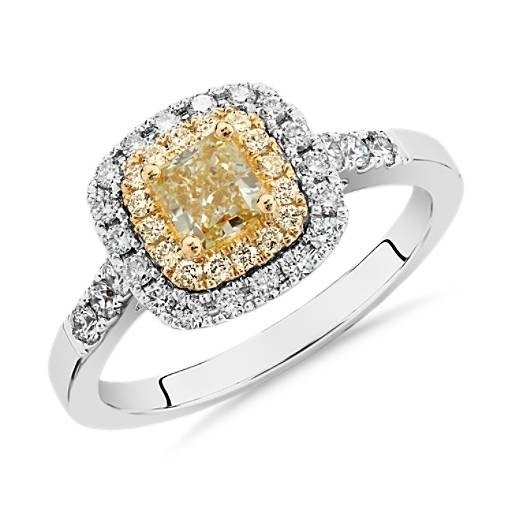 Yellow Cushion-Cut Diamond Halo Ring in 18k White and Yellow Gold (1 ct. tw.) | Blue Nile
