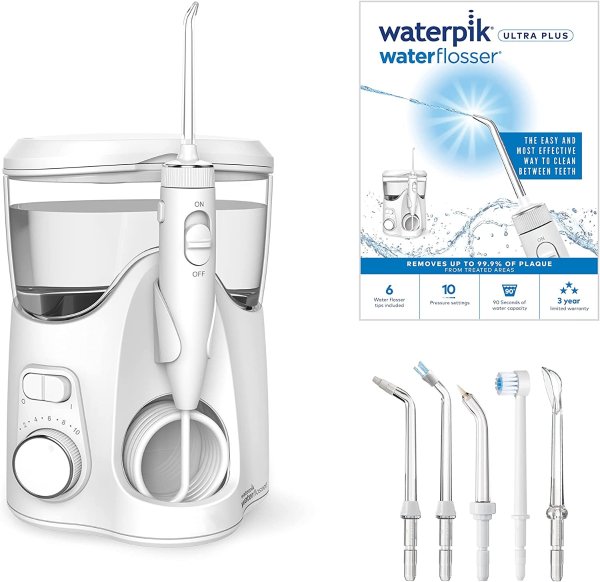 waterpik 洁碧 Ultra Plus 水牙线器，带 5 个尖端和高级压力控制系统，带 10 个设置，牙斑去除工具，白色 (WP-150UK)
