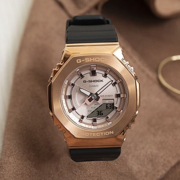 Ladies' Casio G-Shock Rose Gold-Tone Metal Covered Octagonal Black Resin Band Watch GMS2100PG-1A4