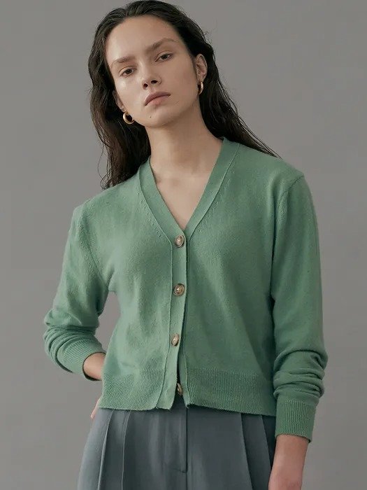 Soft V-neck Wool Cropped Knit Cardigan_Green