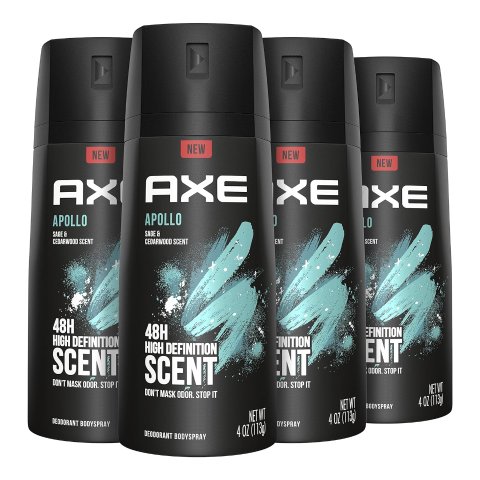 AXE Apollo Body Spray Deodorant for Long-Lasting Odor Protection, Sage & Cedarwood Deodorant for Men Formulated Without Aluminum 4 Ounce (Pack of 4)