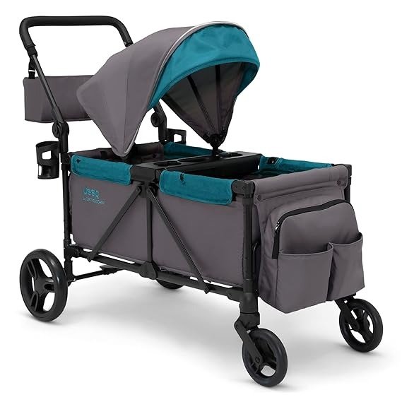 Jeep Sport All-Terrain Stroller Wagon by Delta Children - Includes Canopy, Parent Organizer, Adjustable Handlebar, Snack Tray & Cup Holders, Grey/Blue Moon