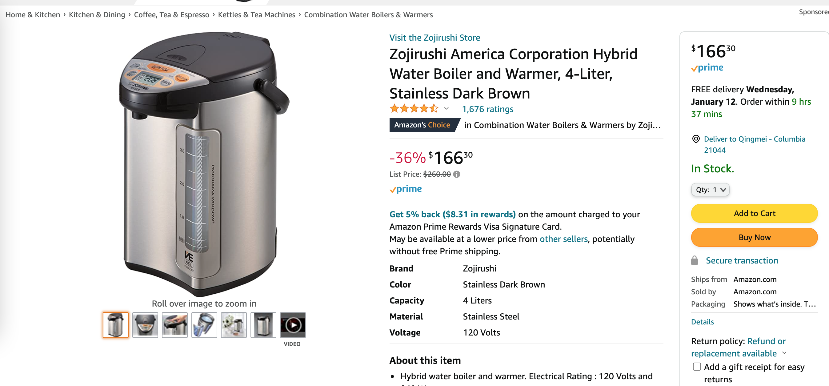 Amazon.com: Zojirushi热水壶 America Corporation Hybrid Water Boiler and Warmer, 4-Liter, Stainless Dark Brown : Home &amp; Kitchen
