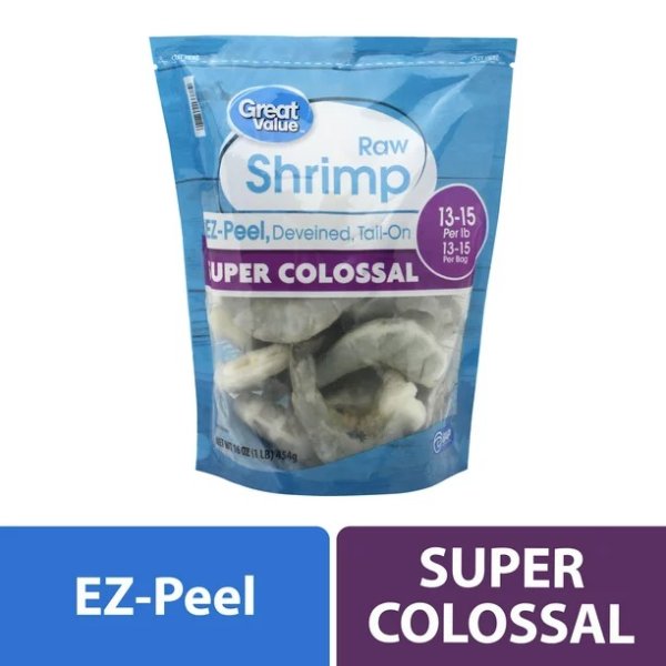 Great Value Frozen Raw Super Colossal Shell-on Tail-on Easy Peel Shrimp, 16 oz (13-15 Count per lb)