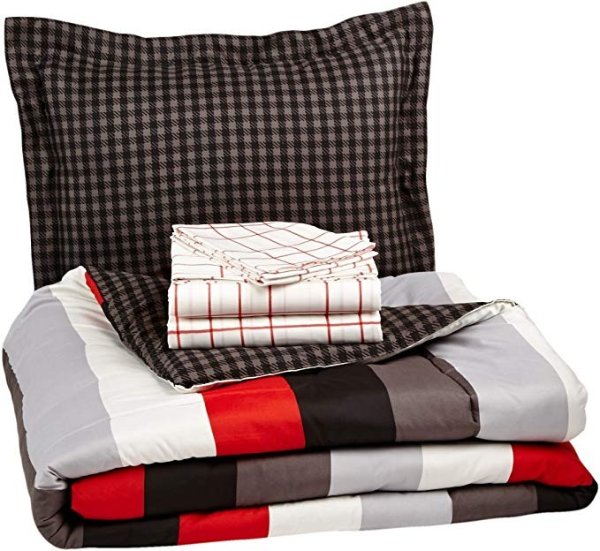 5-Piece Bed-In-A-Bag Comforter Bedding Set - Twin or Twin XL, Red Simple Stripe, Microfiber, Ultra-Soft