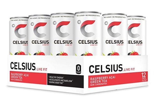 CELSIUS Raspberry Acai Green Tea Non-Carbonated Fitness Drink, ZERO Sugar, 12oz. Slim Can, 12 Pack