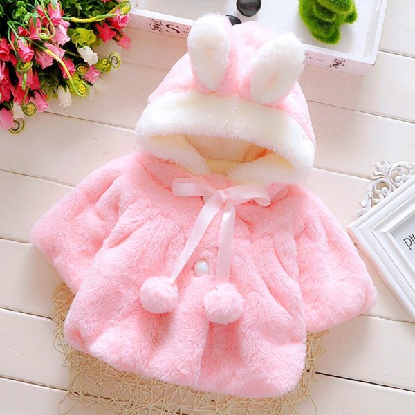 Baby / Toddler Adorable Rabbit Ear Decor Pompon Solid Hooded Coat