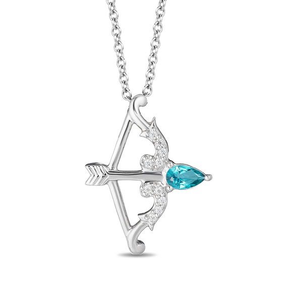 Enchanted Disney Merida Pear-Shaped Blue Topaz and 1/20 CT. T.W. Diamond Bow and Arrow Pendant in Sterling Silver - 19&quot;|Zales