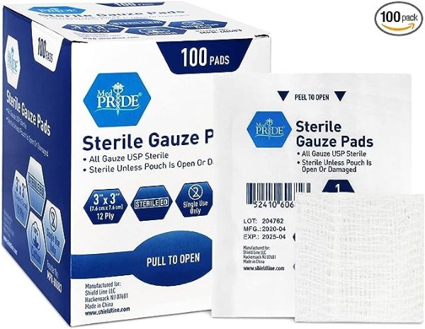 3’’ x 3’’ Sterile Gauze Pads for Wound Dressing| 100-Pack, Individually Packed Pouches| 12-Ply Cotton & Highly Absorbent| Gauze Sponge-Pads for Wound Care & Home First Aid Kits