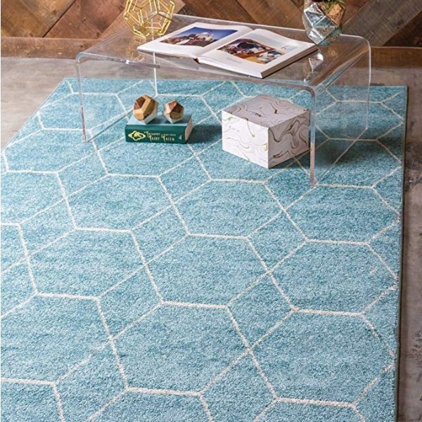 几何图案装饰地毯 4X6 浅蓝色