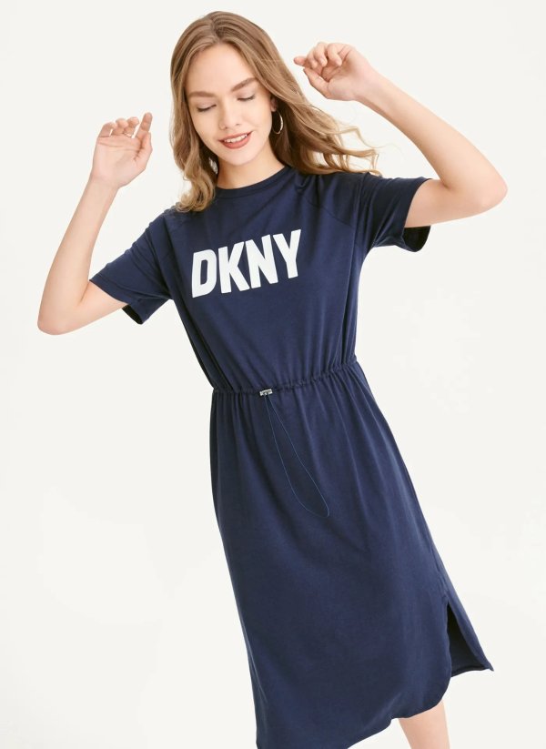 Buy Short Sleeve Logo Drawstring Waist Dress Online - DKNY