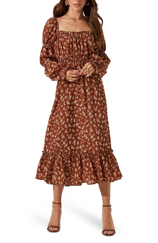 Floral Cinched Long Sleeve Midi Peasant Dress