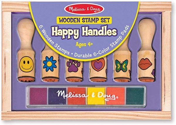 Happy Handles Wooden Stamp Set: 6 Stamps and 6-Color Stamp Pad