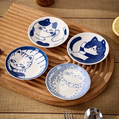 日式陶瓷小猫咪调味碟 4件