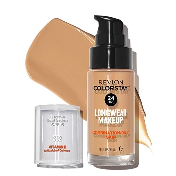 Liquid Foundation by Revlon, ColorStay Face Makeup for Combination & Oily Skin, SPF 15, Medium-Full Coverage with Matte Finish, Sun Beige (392), 1.0 oz