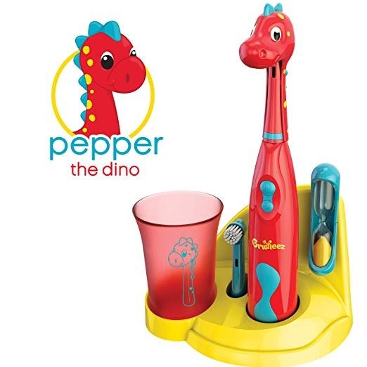 Kid's Electric Toothbrush Set - Pepper the Dino - New & Improved with Softer Bristles, Easy-Press Power Button, 2 Brush Heads, Cute Animal Cover, Sand Timer, Rinse Cup & Storage Base