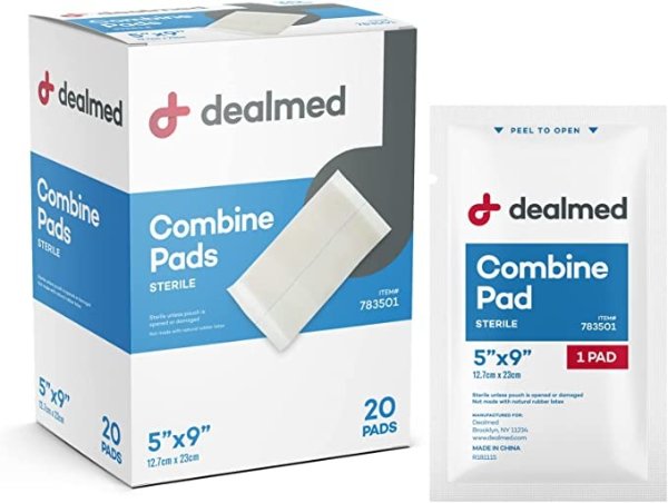 Sterile Abdominal (ABD) Combine Pads, 5" x 9" Individually Wrapped Abdominal Pads, Disposable and Latex-Free ABD Pads, Wound Dressing for First Aid Kit and Medical Facilities (Box of 20)