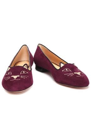 Metallic embroidered suede ballet flats