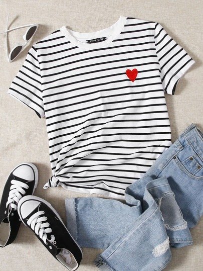 Heart Embroidery Striped Tee