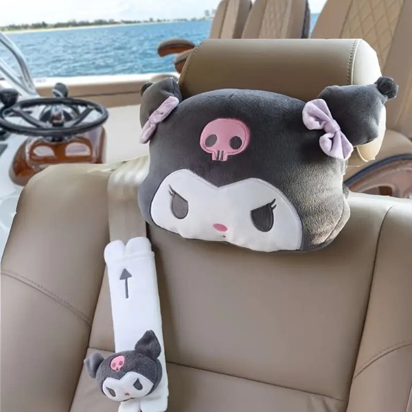 Sanrio Kuromi Melody Plush Car Headrest Pillow And Seatbelt Cover Set, Cartoon Cute Car Accessories Kawaii Soft Car Neck Support Neck Cushion Car Supplies For Women Girlfriend Birthday Gift