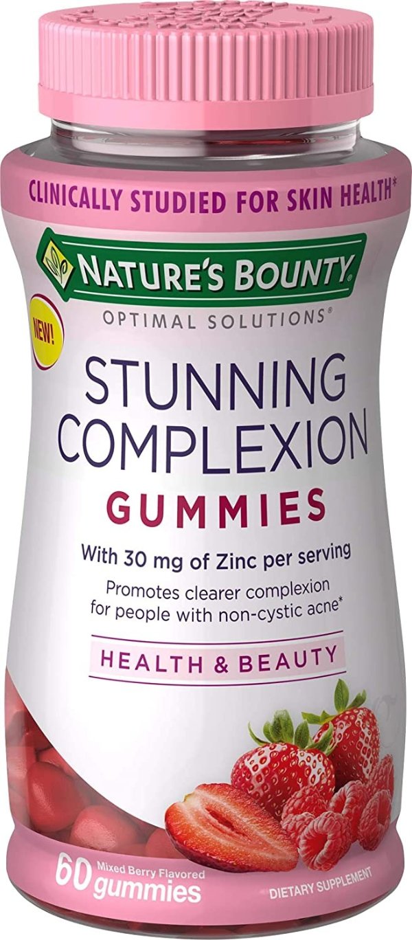 Optimal Solutions Stunning Complexion Skin Care Supplement Gummies with Zinc, 60 Count, Mixed Berry