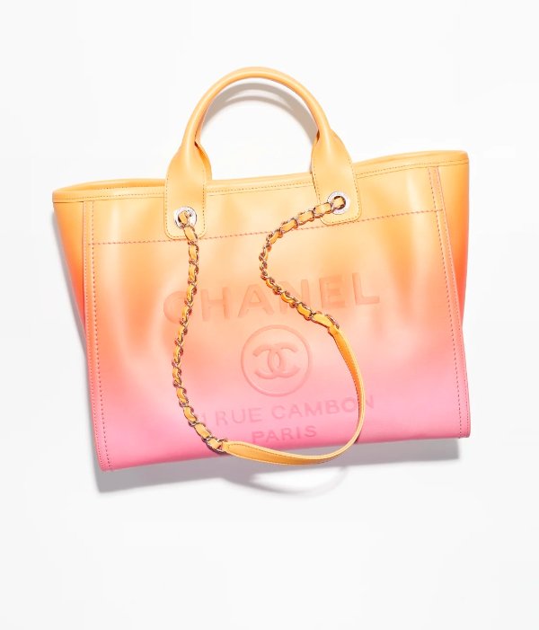 Shopping bag, Shaded calfskin & silver-tone metal, orange, coral & pink — Fashion | CHANEL