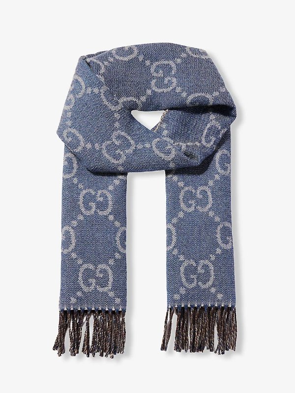 Monogram-pattern fringed-trim wool scarf