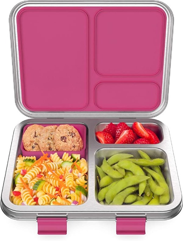 Kids Stainless Steel Leak-Resistant Lunch Box - Bento-Style, 3 Compartments, and Bonus Silicone Container for Meals On-the-Go - Eco-Friendly, Dishwasher Safe, BPA-Free (Fuchsia)