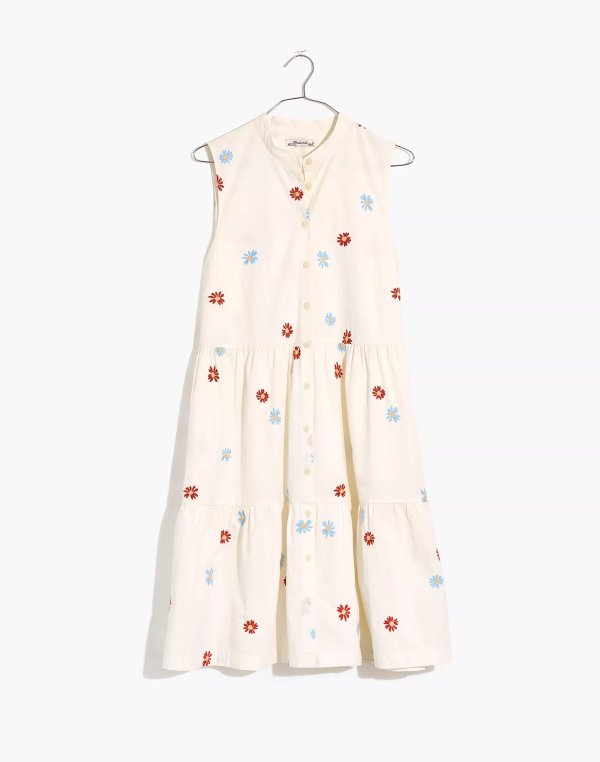 Daisy Embroidered Banded-Collar Tiered Dress