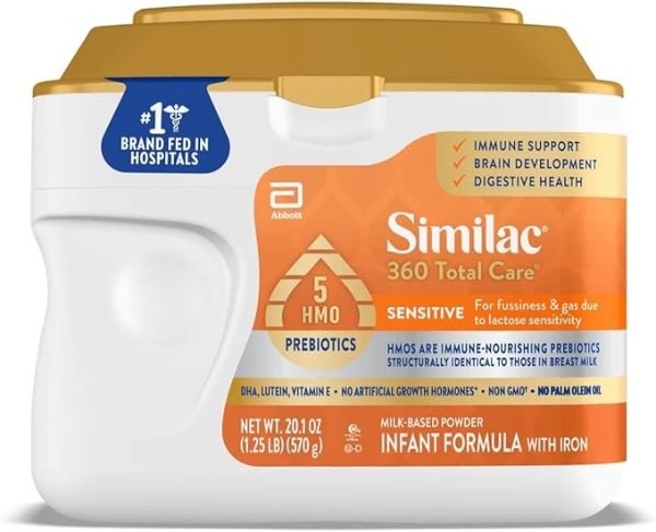 360 Total Care Sensitive* Infant Formula with 5 HMO Prebiotics, for Fussiness & Gas Due to Lactose Sensitivity, Non-GMO, Baby Formula Powder, 20.1-oz Tub