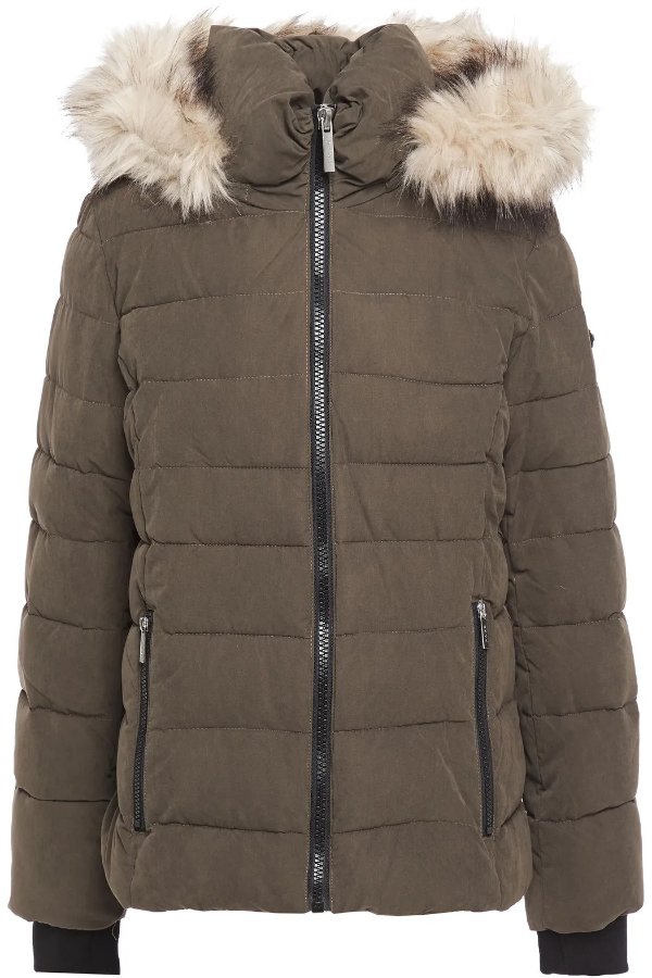 Faux fur-trimmed quilted shell hooded down jacket