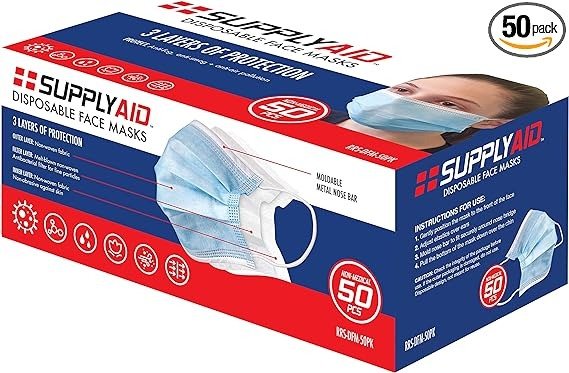 SupplyAID RRS-DFM-50PK Disposable 3-Layer Face Mask, 3-Ply, 50 Count, Blue