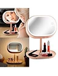 Oct17 Makeup Mirror Lighted Lamp LED Vanity Travel Portable Cordless Rechargeable Battery Powered Round Natural Light Touch Screen Desk With Under Organizer Storage 180 Adjustable Swivel - Pink