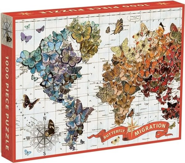 Wendy Gold Butterfly Migration 1000 Piece Jigsaw Puzzle for Adults and Families, Vibrant Illustrated World Map Puzzle with Butterflies as Continents