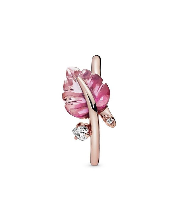 Jewelry Rose 14K Rose Gold Plated Pink Murano Glass CZ Leaf Ring