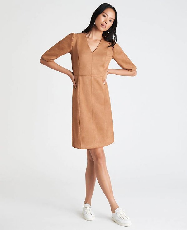 Faux Suede Puff Sleeve Flare Dress | Ann Taylor