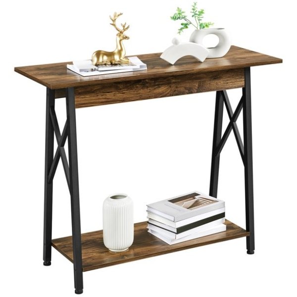 2-Tier Industrial Console Table Sofa/Hallway Table with Shelf for Living Room, Dark Brown