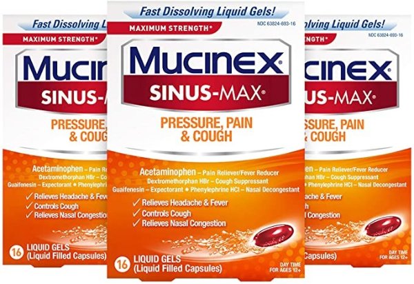 Sinus-Max Max Strength Pressure, Pain & Cough Liquid Gels, 16ct (Pack of 3)