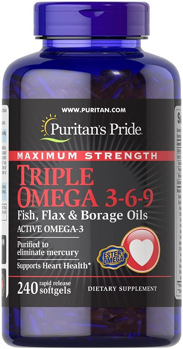 Puritan's Pride 普丽普莱 快速释放软胶囊，三重欧米茄3-6-9鱼，亚麻和琉璃苣油，补充欧米茄酸性油脂，消除汞，支持心脏，240片