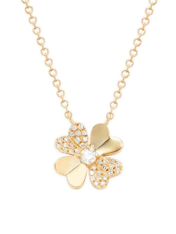 14K Yellow Gold & 0.11 TCW Diamond Clover Leaf Pendant Necklace