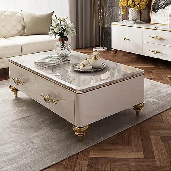 Chift 51" Modern Marble White Coffee Table & Storage Drawers Gold Stainless Steel Legs-Homary