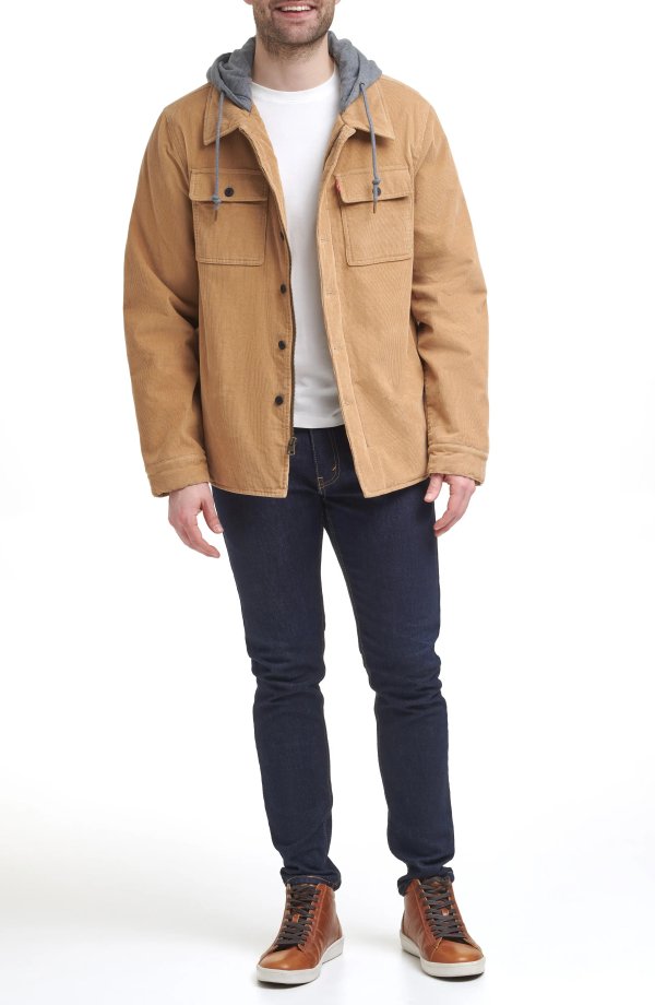 Faux Shearling Lined Hooded Corduroy Shirt Jacket