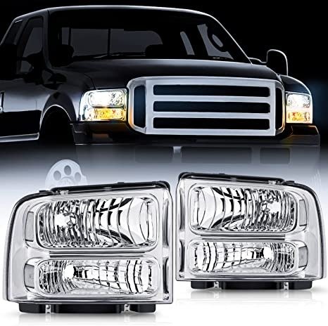 Headlight Assembly Replacement 2005 2006 2007 F250 F350 F450 F550 Super Duty Chrome Housing Clear Corner Clear Lens Headlights Assembly, 2 Years Warranty
