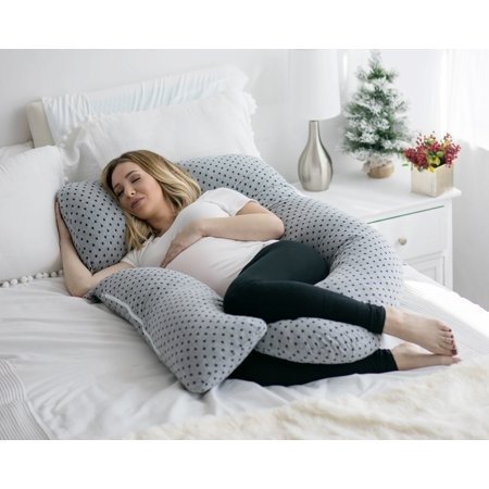 Full Body Pregnancy Pillow - U Shaped Body Pillow - Maternity Pillow for Pregnant Women w/ Detachable Extension, Grey with Star Pattern