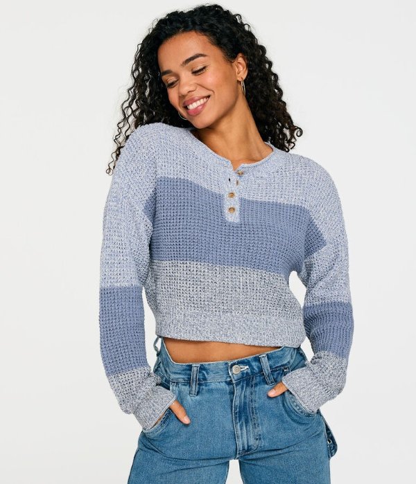 Striped Cropped Henley Sweater