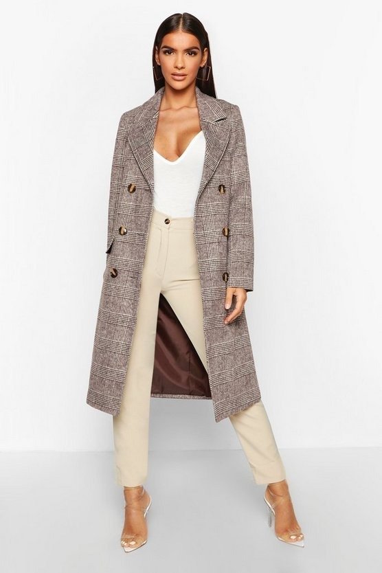 Double Breasted Tonal Check Wool Look Coat