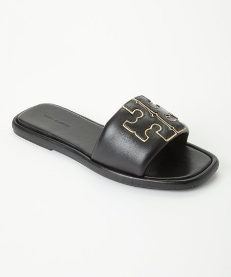 Perfect Black & Gold Double T Leather Slide - Women