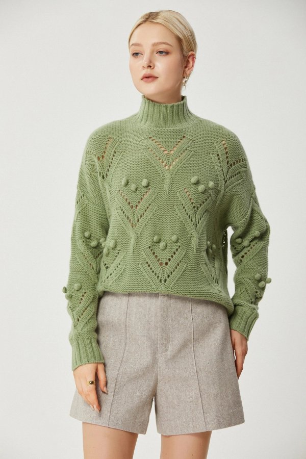 绿色立体毛球羊毛衫