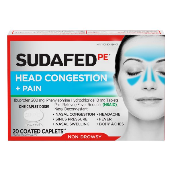 PE Non-Drowsy Head Congestion + Pain Relief Caplets, 20 Ct