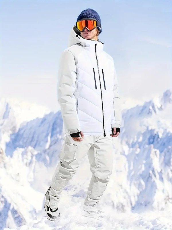 Men's Winter Sportswear, Warm Windproof Color Block Hooded Jacket And Thick Pocket Trouser, Ski Wear Suit For Winter